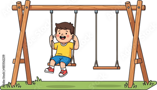 Cartoon illustration of a boy swinging on a wooden swing set on transparent background