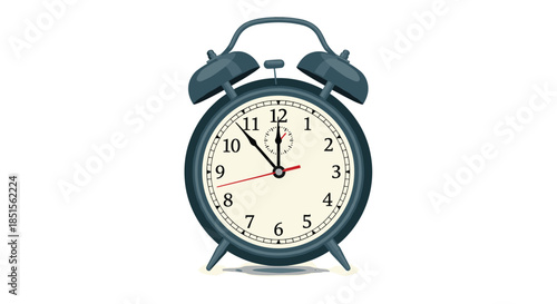 Vintage-style blue twin-bell alarm clock with a classic analog face showing the time, isolated on a simple white background.