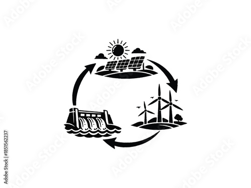 Circular eco energy system showing solar, wind and hydro connected in loop