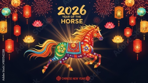 Celebrating chinese new year 2026 year of the horse with fireworks and lanterns