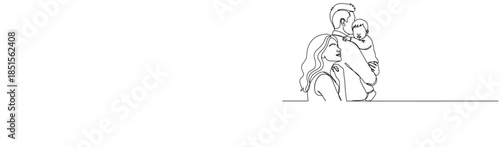 Continuous line drawing of a family with a baby on fathers shoulder mother child