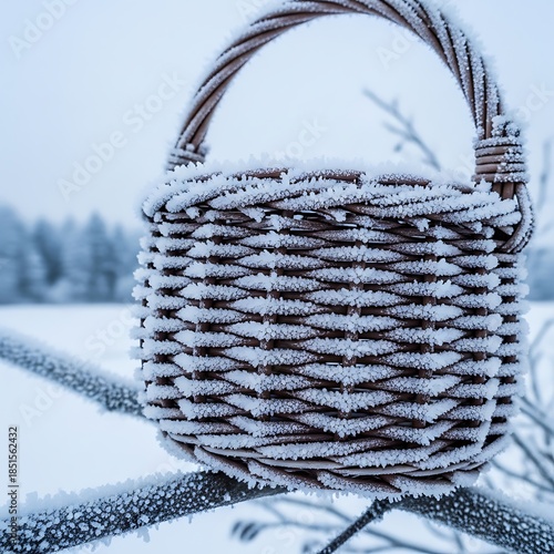 Woven wicker basket covered in delicate white frost resting on a snow-covered tree branch outdoors
