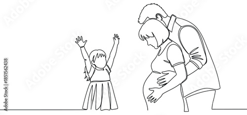 Pregnant woman and man embrace while child raises arms in joy family