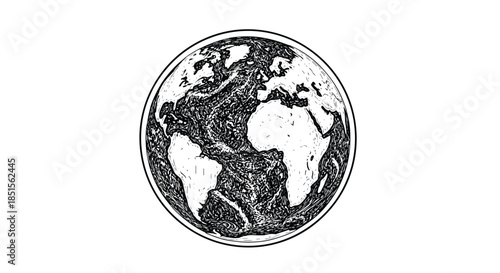 Stylized black and white ink drawing of planet Earth showing the continents of Africa, Europe, and the Americas on a white background.