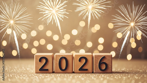 New Year 2026 Celebration with Wooden Blocks and Golden Fireworks Backdrop