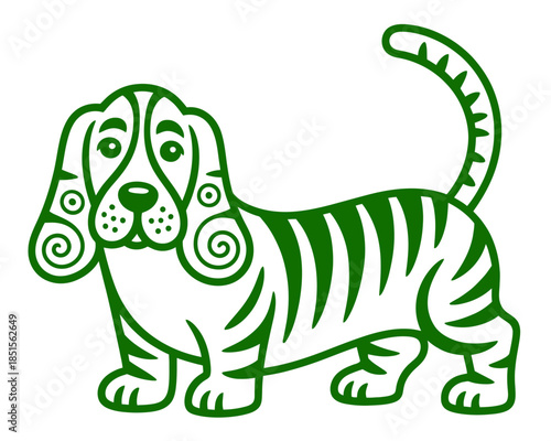 Playful line art illustration of a cute cartoon dog with long ears and decorative stripes