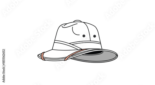 Minimalist line art illustration of a classic pith helmet, also known as a safari hat, with a simple color palette of white and grey.