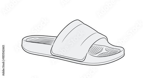 Monochromatic line drawing of a single slide sandal, showcasing its simple design with a wide strap, isolated on a white background.