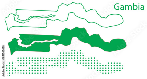 Gambia Map Vector Set, West Africa Outline Silhouette Dotted Green Shapes, Gambia Country Infographic Template, Editable EPS Gambia Geography