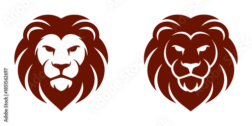 Two distinct stylized lion head logos presented in rich maroon color suitable for branding masculine products or emblems requiring regal authority.