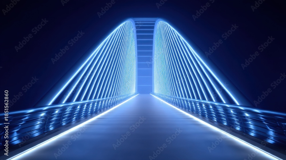 Obraz premium Futuristic Bridge Illuminated with Blue Lights Over a Smooth Roadway Leading Toward a Bright Horizon in a Dark Night Setting