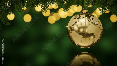 Golden Earth Globe Christmas Ornament Hanging from Pine Branches with Bokeh Background