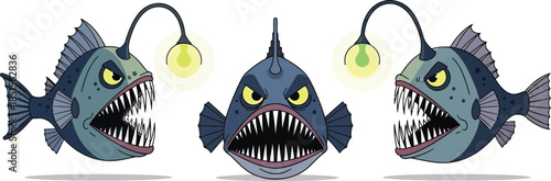 Three menacing anglerfish with glowing lures on transparent background