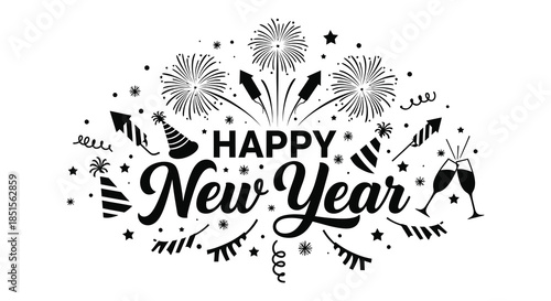 Festive new year illustration featuring fireworks party hats champagne and celebratory lettering