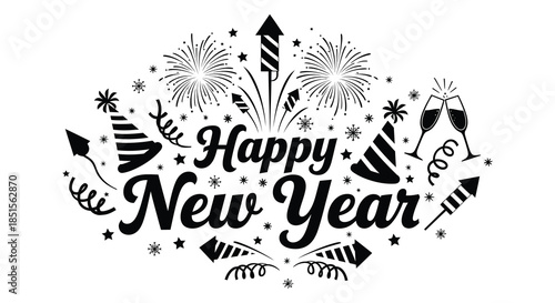 Festive new year celebration with fireworks champagne glasses and party decorations in a joyful design