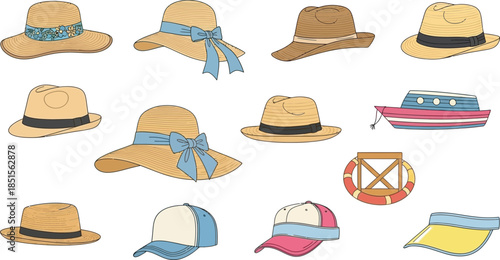 Collection of colorful summer hats and nautical elements on transparent background