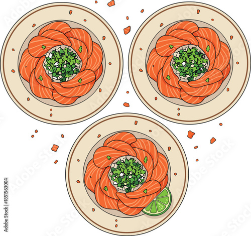 Cartoon spaghetti monster with meatball head, red eyes, sharp teeth, surreal food creature, humorous design, flat vector illustration