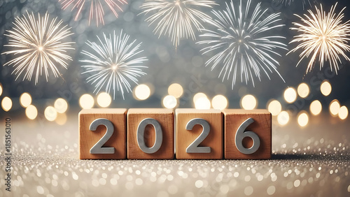 New Year 2026 Celebration with Wooden Blocks and Golden Fireworks Backdrop