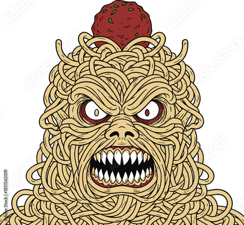 Cartoon spaghetti monster with meatball head, red eyes, sharp teeth, surreal food creature, humorous design, flat vector illustration