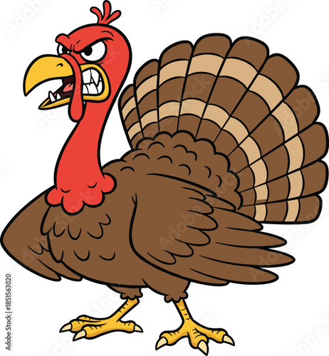 Cartoon angry turkey with red head, fanned tail feathers, humorous expression, Thanksgiving theme, flat vector illustration