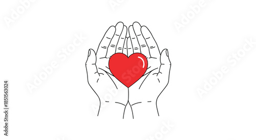 Minimalist illustration of two cupped hands gently holding a bright red heart, symbolizing love, care, and charity on a white background.