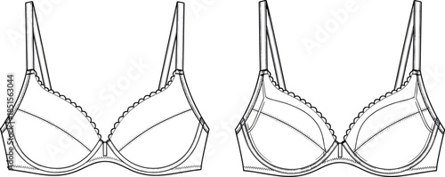 Technical Flat Sketch Vector Illustration of Women's Underwired Demi-Cup Bra Set with Scalloped Trim, Cut and Sew Panels, Adjustable Straps, and Design Options for Lingerie CAD Drawing.