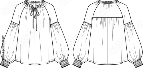 Technical Flat Fashion Drawing Women's Ruffle Neck Blouse with Tie and Raglan Balloon Sleeves Smocked Cuffs Garment Template Sketch CAD Vector Illustration