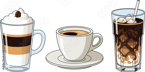 Three illustrated coffee drinks in glasses and cups on transparent background
