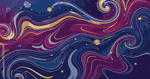 Seamless vector illustration of a colorful abstract background featuring blue waves and psychedelic swirls with stars and light circles in a decorative water texture design