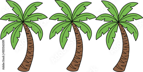 Cartoon palm trees with curved trunks and fronds, tropical nature icon, educational geometry theme, flat vector illustration