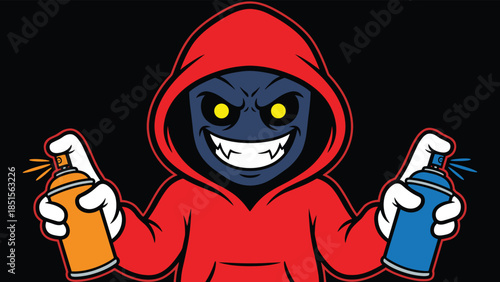Scary cartoon graffiti artist mascot in red hoodie holding spray paint cans with evil smile vector illustration on black background