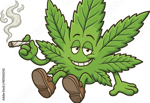 Funny cartoon green marijuana leaf character sitting and smoking a cannabis joint with relaxed expression vector illustration isolated on white