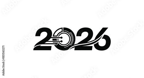 A striking black and white graphic displaying the year 2026 with an abstract design element