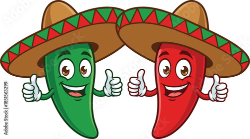 Happy red and green jalapeno chili pepper mascots wearing Mexican sombreros and giving thumbs up vector illustration isolated on white background