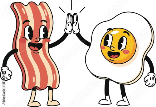 Cartoon bacon and fried egg characters giving a high five on transparent background