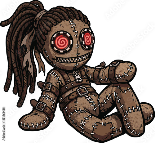 Creepy brown voodoo doll character with hypnotic spiral eyes and dreadlocks wearing leather straps vector illustration isolated on white background