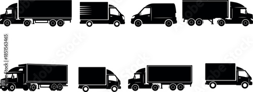 Black Silhouette Vector Set of Delivery Trucks, Cargo Vans, Freight Vehicles, Logistics Transport Icons for Shipping and Distribution Design