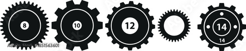 Black mechanical gear set with numeric labels for engineering, machinery, transmission, rotation, industrial design, and mechanical system concepts.