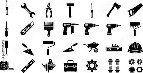 Construction and handyman tools black silhouette icon set for building, repair, maintenance, DIY, hardware, industrial, and mechanical work