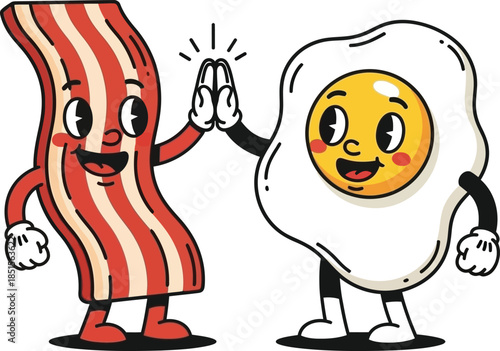 Cartoon bacon and fried egg characters giving a high five on transparent background
