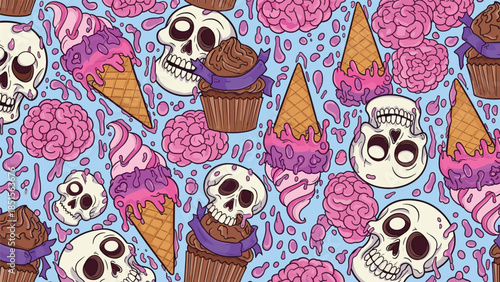 Seamless pattern background with spooky skulls pink brains and melting ice cream desserts for Halloween vector illustration art design