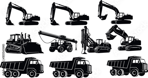 Heavy construction machinery silhouettes set featuring excavators, bulldozers, cranes, dump trucks, drilling rigs for industrial, mining, and building projects.