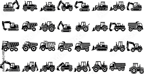 Silhouette icons of construction and farming vehicles including excavators, tractors, bulldozers, dump trucks for industrial and educational design use