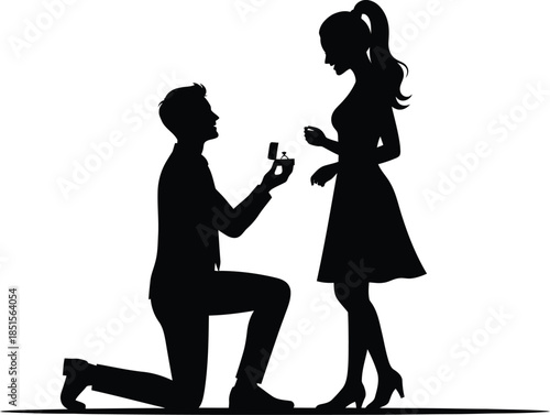 Silhouette of a man proposing to a woman with a heart on transparent background