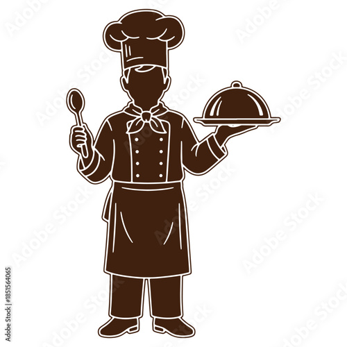 Chef Holding Tray and Spoon Illustration  Professional Cook in Uniform Ready to Serve Dish
