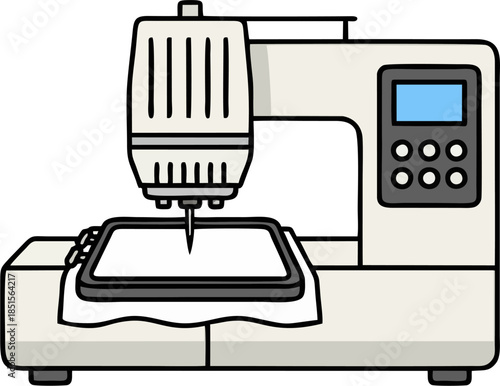 Modern computerized embroidery machine with fabric frame flat vector illustration