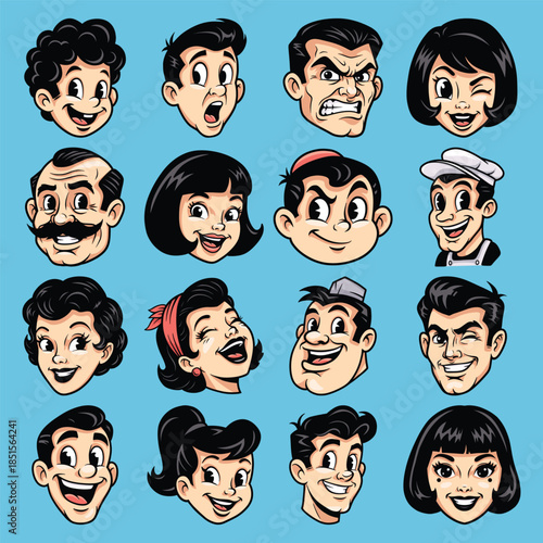 Retro Cartoon Avatar Collection with Diverse Expressions and Characters