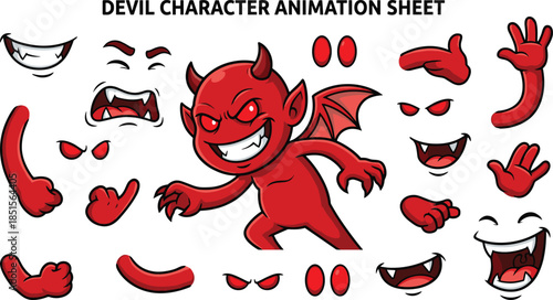 Red devil mascot character animation sheet with separated body parts facial expressions and gestures for game sprite creation vector
