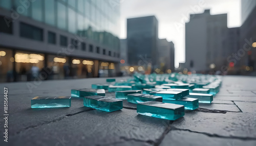 Blue Glass Bricks on Urban Pavement with Modern Cityscape Background
