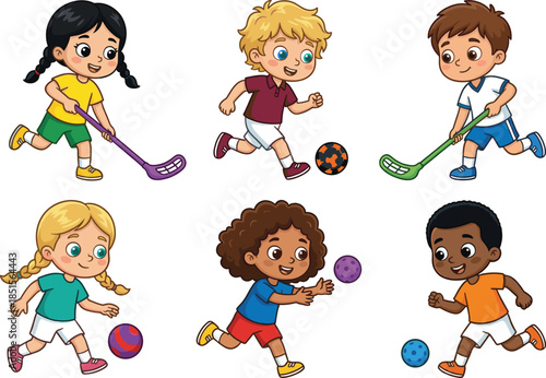 Collection of happy diverse cartoon kids playing sports including soccer and hockey, energetic boys and girls vector illustration on white background